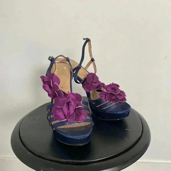Satin blue & purple strappy heels. - Picture 3 of 5